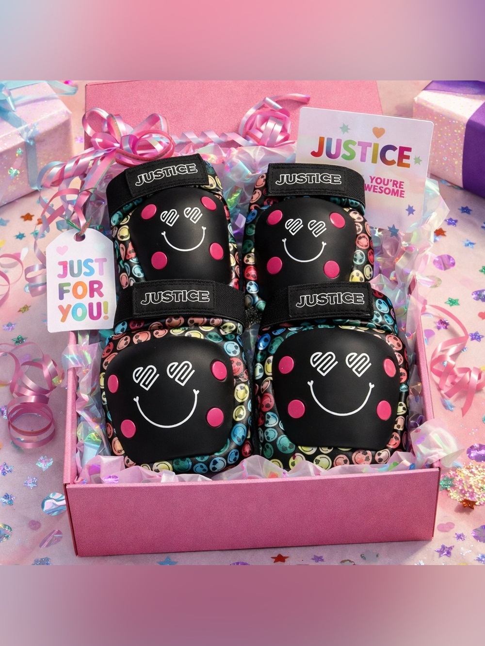 🌸⚡Justice Smiley Face Knee & Elbow Pad Set Girls | OS